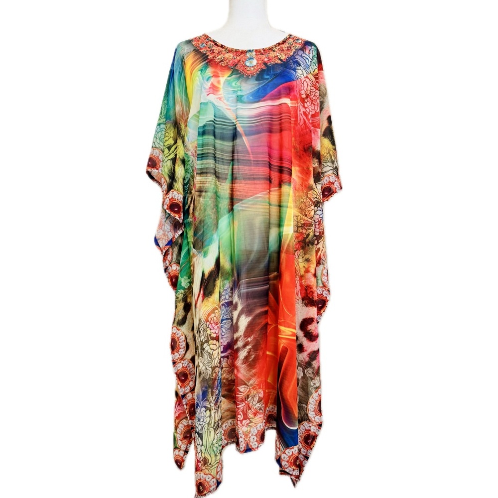 Ananda, Colorful Rainbow Vacation Kaftan Dress, Size S